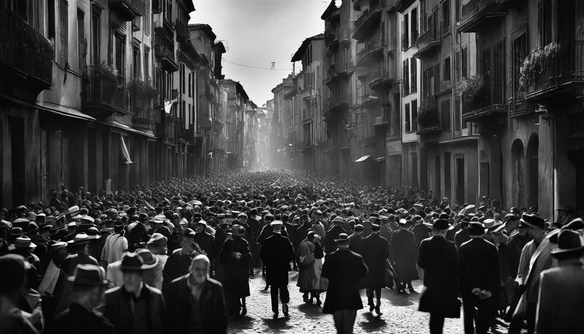 Guernica commemoration image: A black and white photograph depicting a crowded street named Guernica, honoring the town and its suffering during the Spanish Civil War.