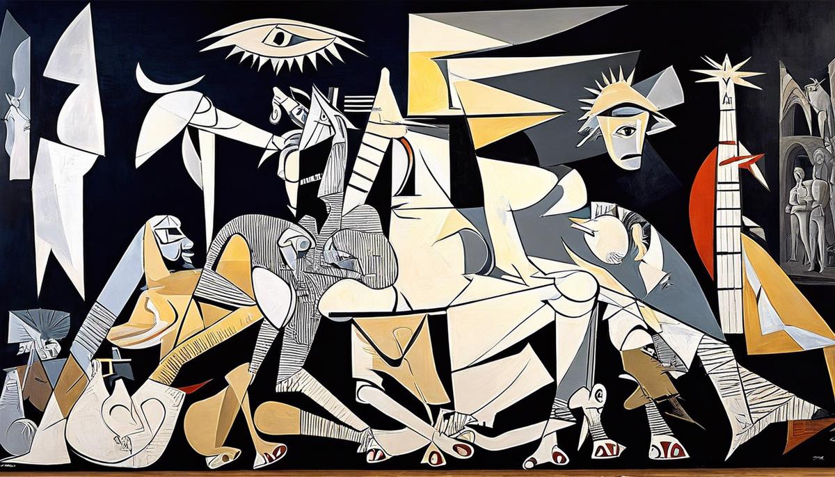 An image of Picasso's Guernica, a powerful painting depicting the horrors of war, societal breakdown, and political upheaval.