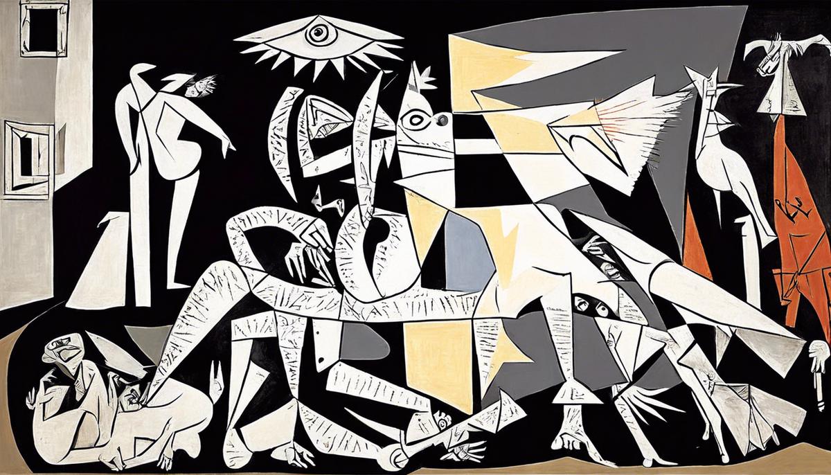 The Guernica painting by Pablo Picasso, showcasing the chaotic and emotional anti-war message through fragmented and distorted figures