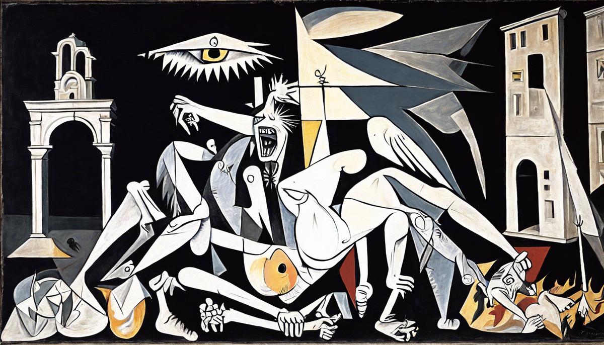 Picasso's Guernica painting, depicting the suffering and destruction caused by the bombing of Guernica during the Spanish Civil War.