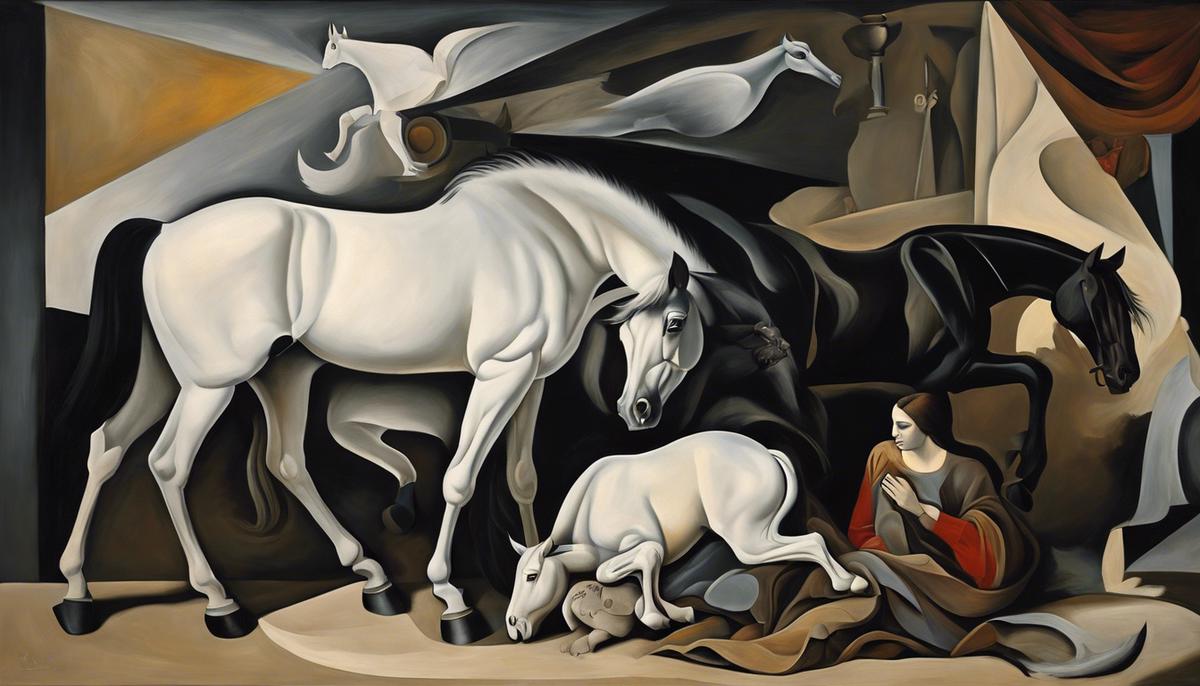 An image depicting the intricately depicted wounded horse in Picasso's Guernica, the fallen soldier beneath it, the mother clutching her lifeless child, the oil lamp clutched by a terrified woman, the bull, the dove, and the nearly monochromatic palette serving as the backdrop.