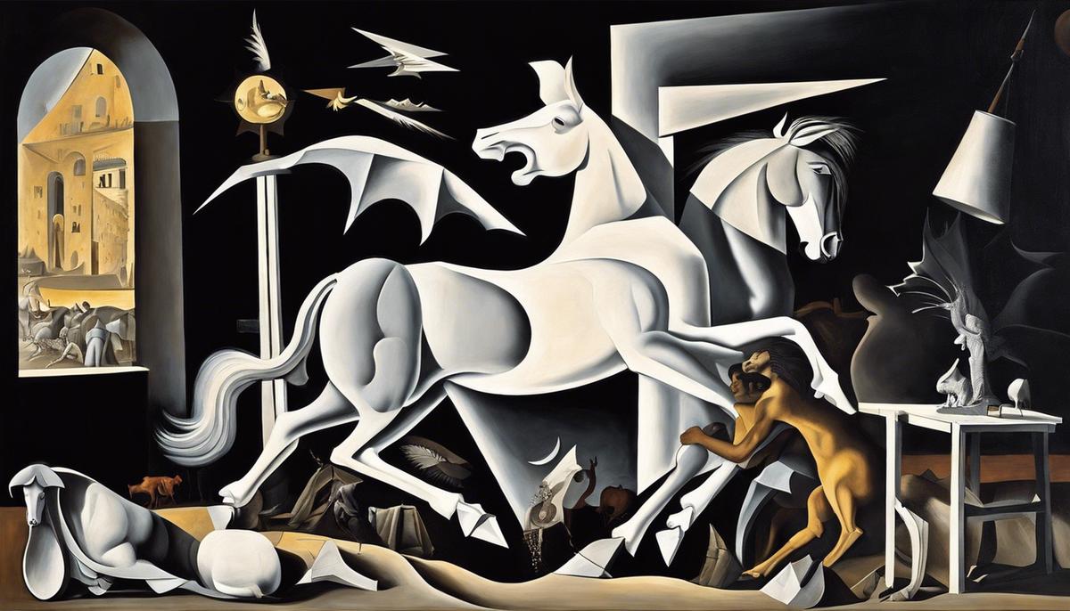 An image showing symbols from Guernica, including the grieving woman, wailing horse, fallen warrior, electric bulb, and the bewildered bull.