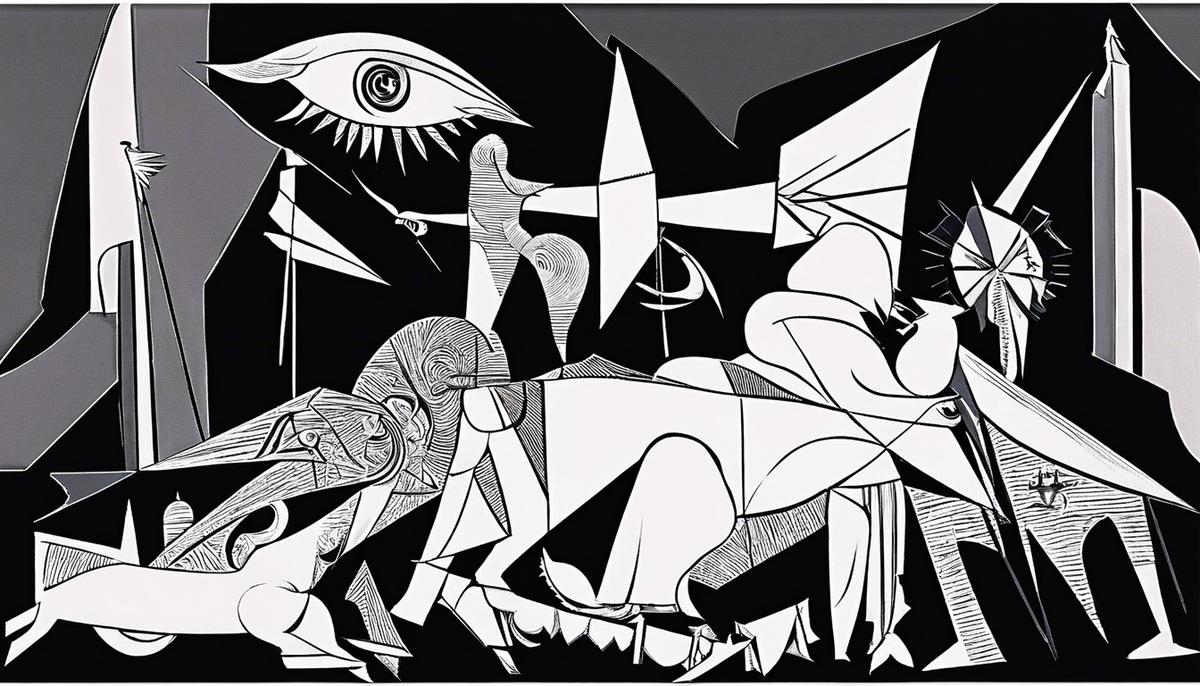 Various symbols from Picasso's Guernica painting, depicting the themes of war and peace