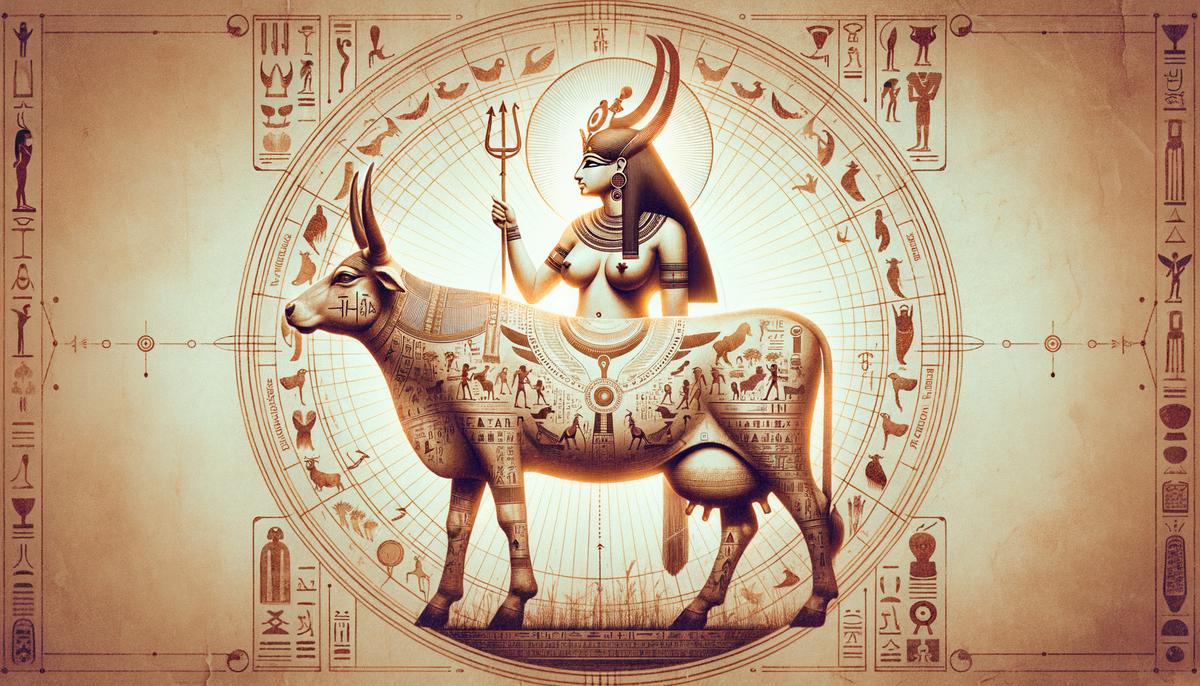 The ancient Egyptian deity Hathor, symbolized as a cow, representing motherhood, fertility, music, dance and foreign lands