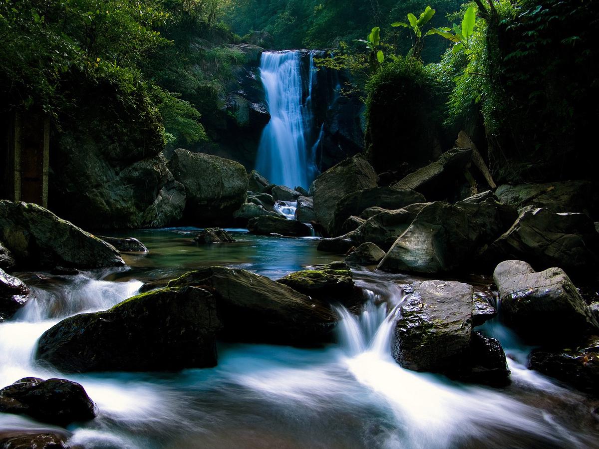 A close-up view of 'The Heart of the Andes' showing intricate details of the central pool, waterfall, lush vegetation, and distant Mount Chimborazo