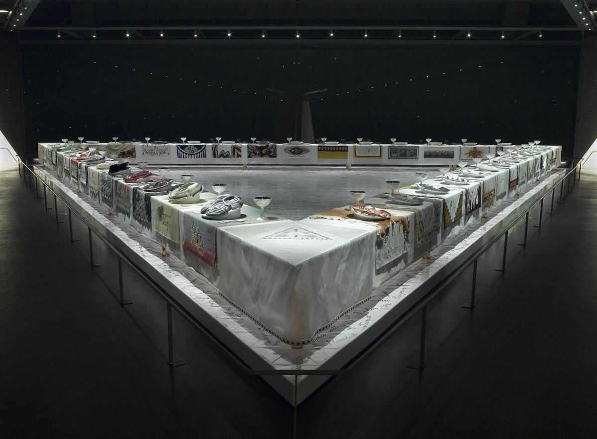 A triptych showing representative works by Judy Chicago, Kara Walker, and Shirin Neshat