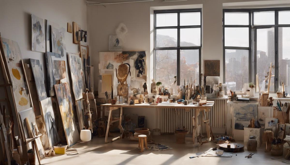 A collection of inspiring objects, artwork, and a nice view in an art studio space.