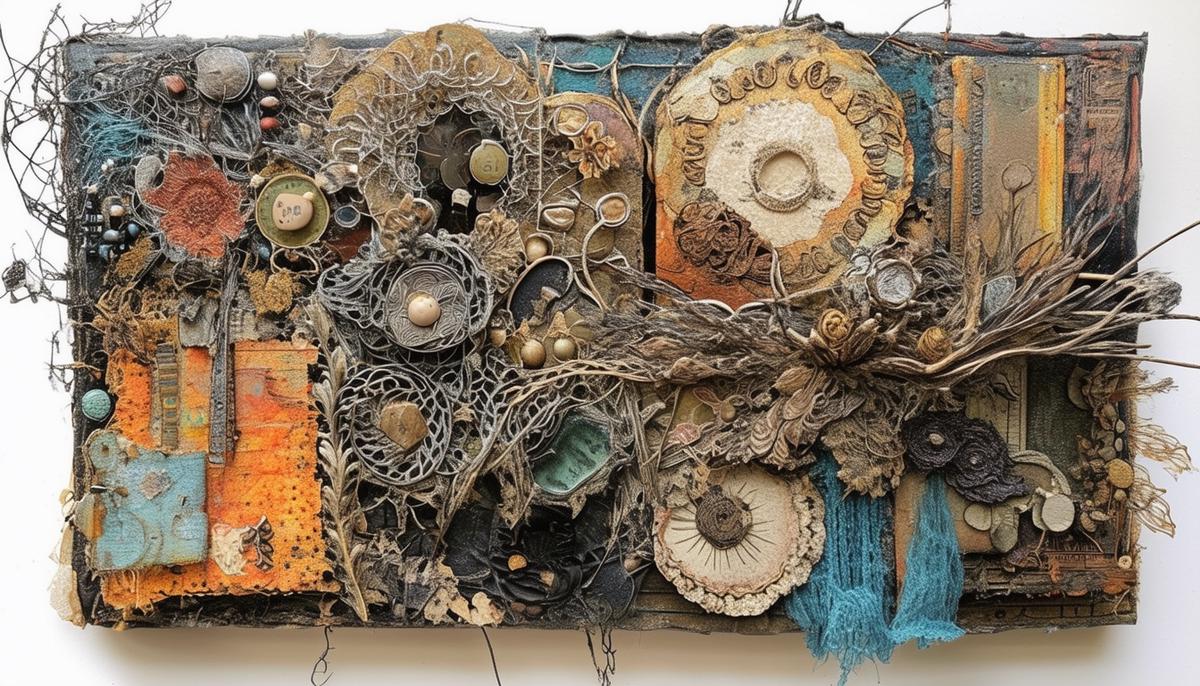 An intricate mixed media artwork that combines various materials, textures, and techniques, showcasing the creative possibilities of this diverse art form.