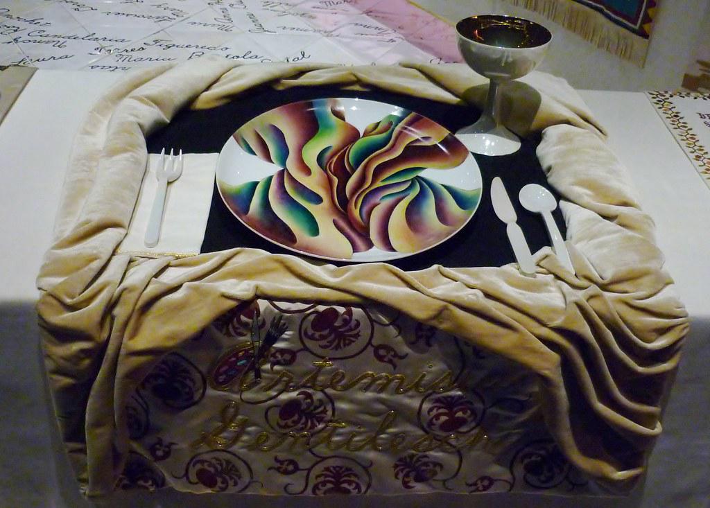 A portion of Judy Chicago's The Dinner Party installation, showing elaborate place settings