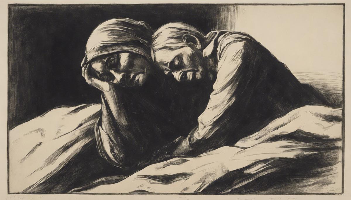 A black and white lithograph print by Käthe Kollwitz, showing a mother grieving over the loss of her son in World War I.