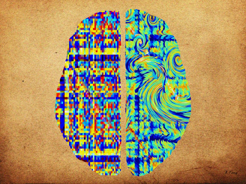 An illustration showing the left and right hemispheres of the brain engaged in different aspects of painting