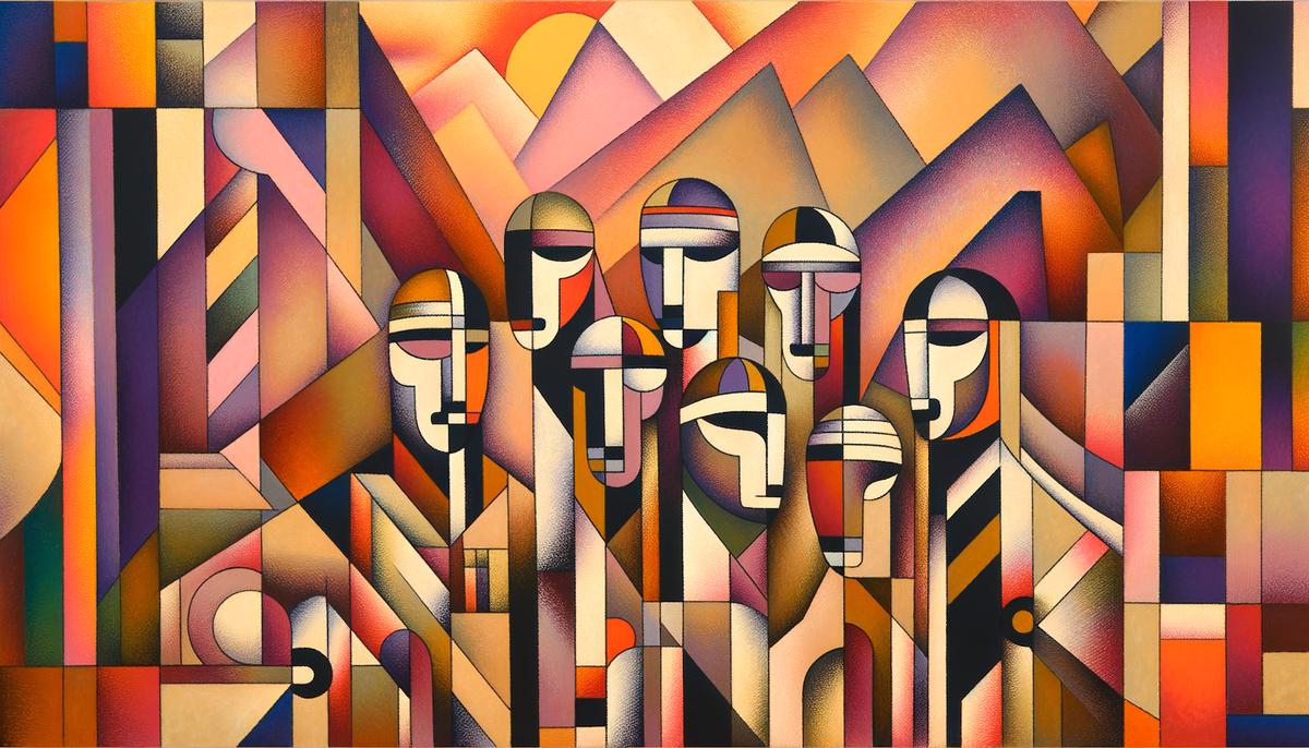 A fragmented and angular painting of five nude female figures with African mask-like faces