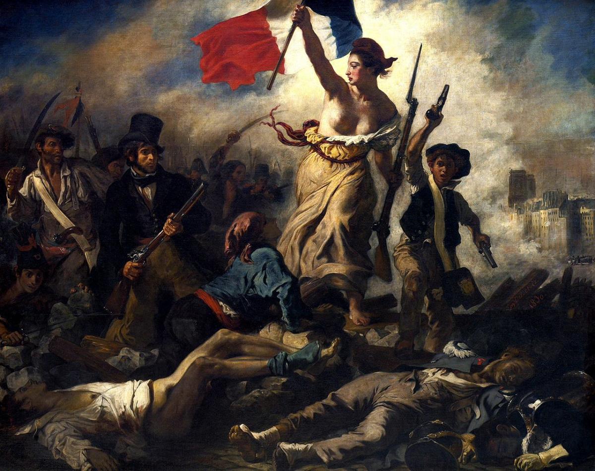 Eugène Delacroix's painting Liberty Leading the People, depicting the allegorical figure of Marianne leading revolutionaries in France