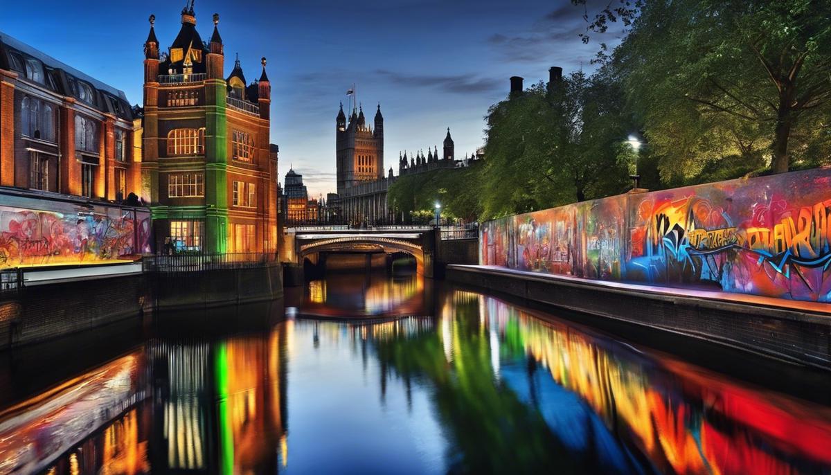 A vibrant image of London streets filled with colorful graffiti and murals, showcasing the city's underground art scene.