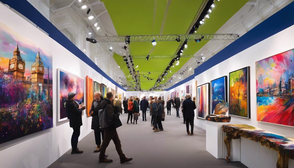 A vibrant image showcasing the bustling atmosphere of London art fairs.