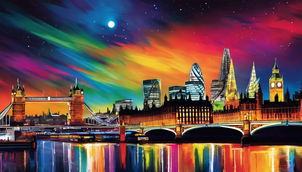 Artistic rendering of the London skyline at night with vibrant colors and diverse art installations.