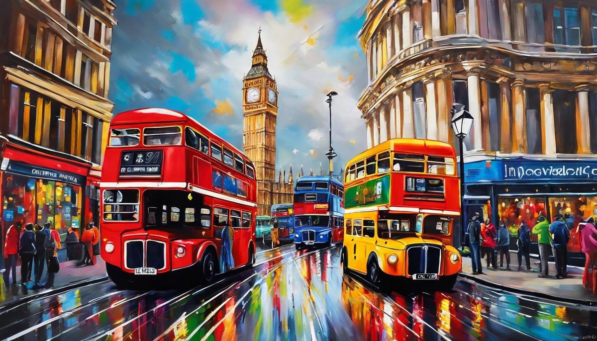 Image description: A vibrant painting showcasing the energetic and diverse art scene found on the streets of London.