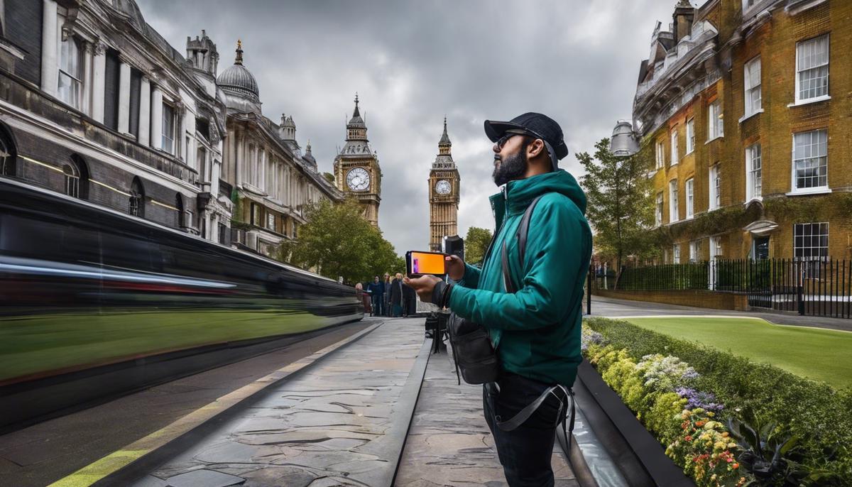 A visually impaired person experiencing augmented reality art in London