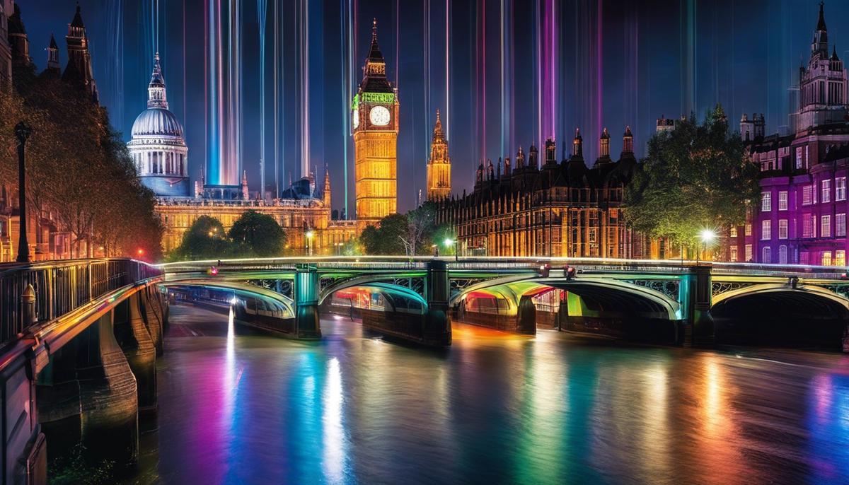 A bustling cityscape with colorful lights and streaks of motion, capturing the energy and vibrancy of London at night.