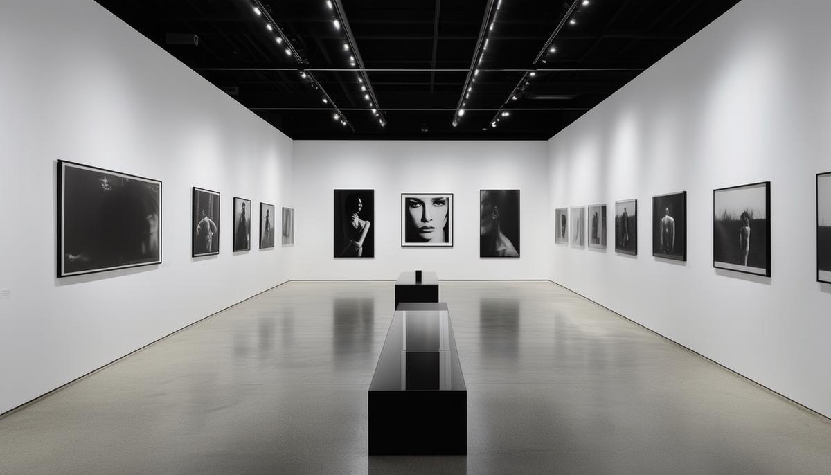 Installation view of Robert Mapplethorpe's 'The Perfect Moment' exhibition, showcasing his intimate and controversial photographs exploring the human body and BDSM subculture, with the images' provocative nature and the subsequent debate around the exhibition highlighting the impact of controversy on art's cultural value and recognition.