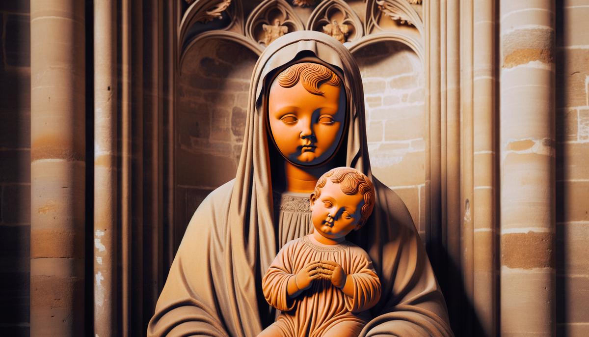 The statue of Mary holding infant Jesus, with Jesus' original head replaced by a bright orange terracotta head.