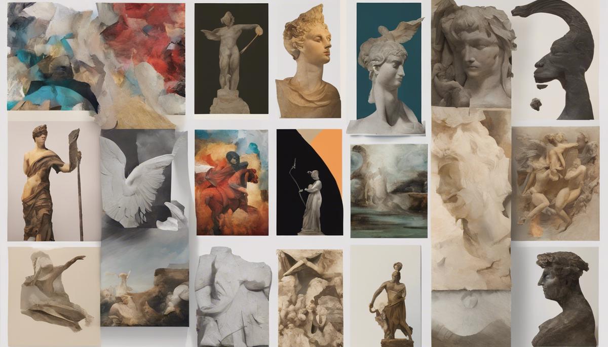 A collage of modern artworks inspired by ancient mythology, including paintings, sculptures, and installations