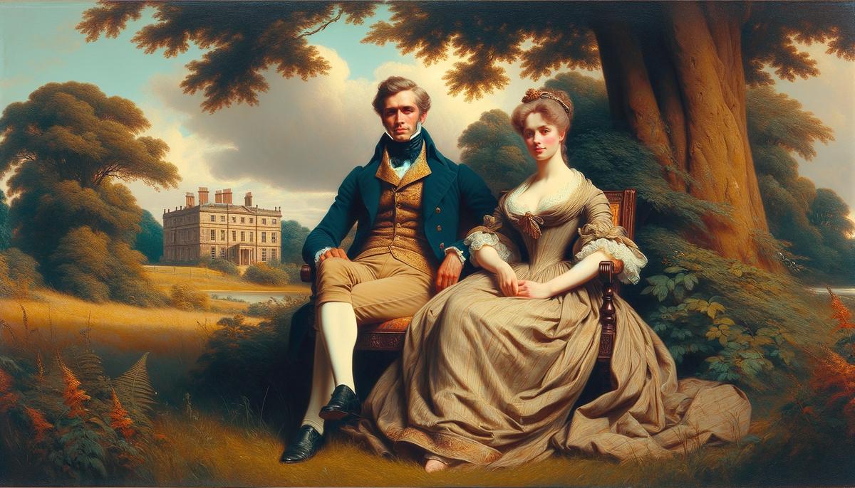 An oil painting depicting a wealthy couple, Robert and Frances Andrews, sitting in a lush landscape with their Suffolk estate in the background