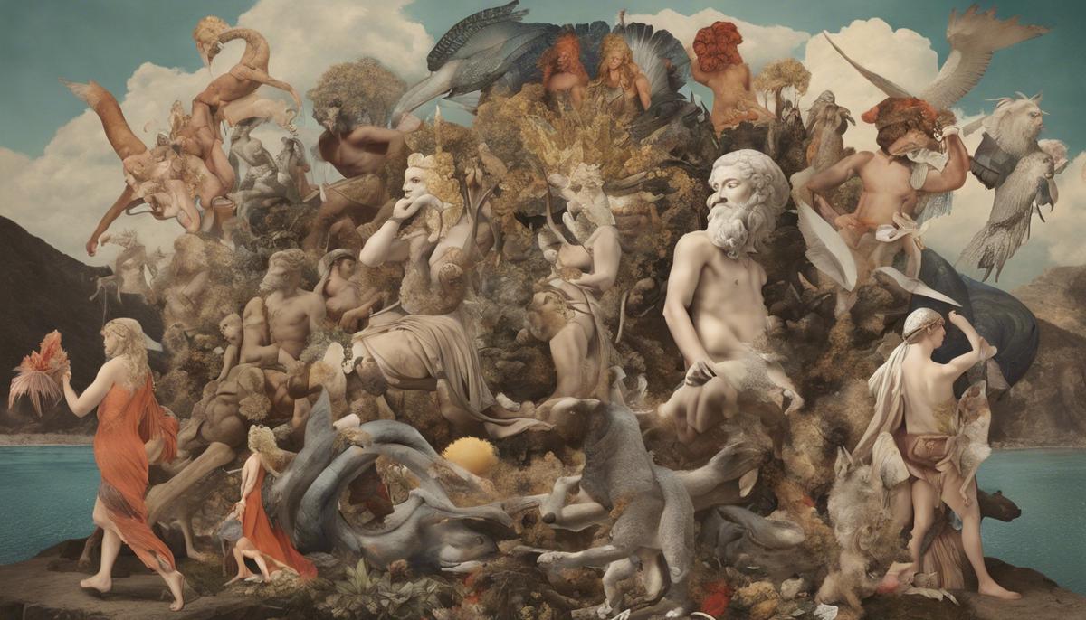 A collage of ancient mythological figures juxtaposed with contemporary artistic interpretations