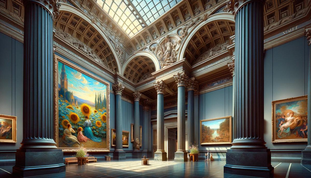 The grand interior of the National Gallery in London, with visitors admiring a famous painting by a renowned artist such as Van Gogh or Leonardo da Vinci.