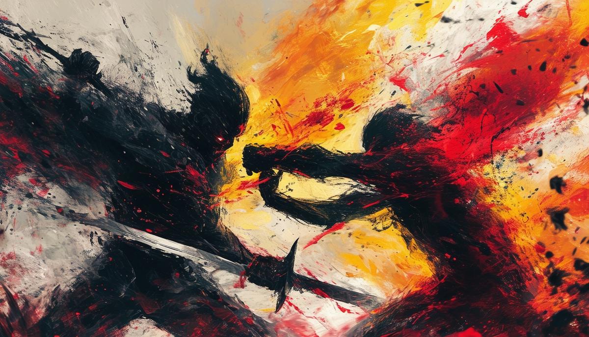 Chaotic, messy painting of mythical figures fighting by Robert Nava