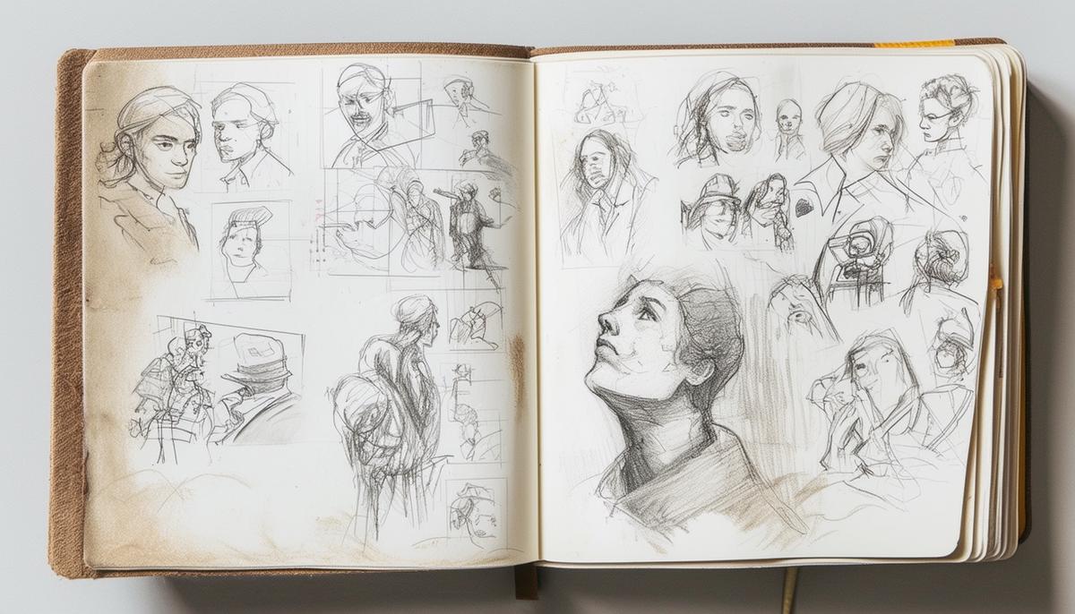 An open sketchbook displaying various sketches and drawings, showcasing the versatility and importance of sketchbooks for artists.
