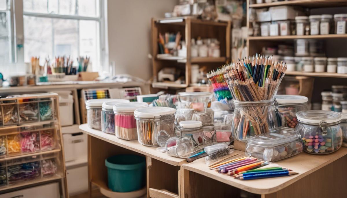 Art supplies like pencils, erasers, and small items neatly organized in clear jars and baskets in an art studio.