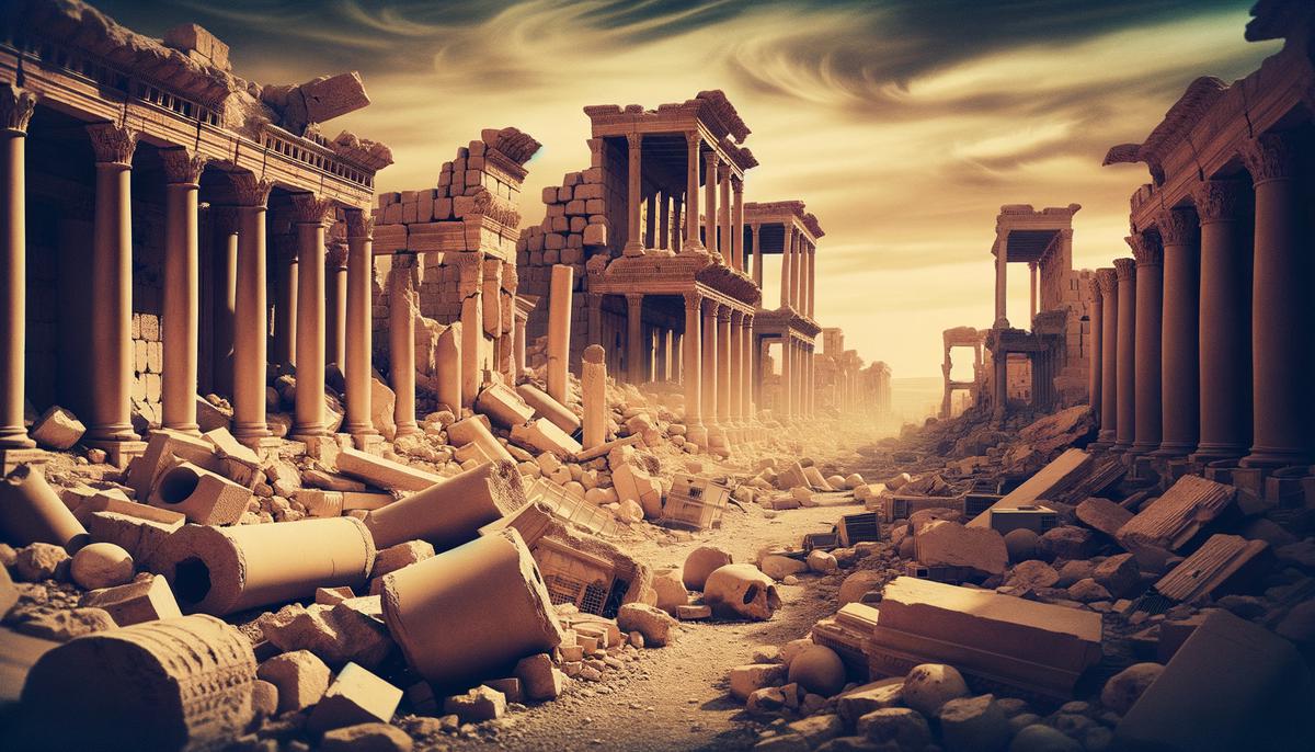 A photo showing the destruction of ancient monuments in the city of Palmyra, Syria, due to conflict.
