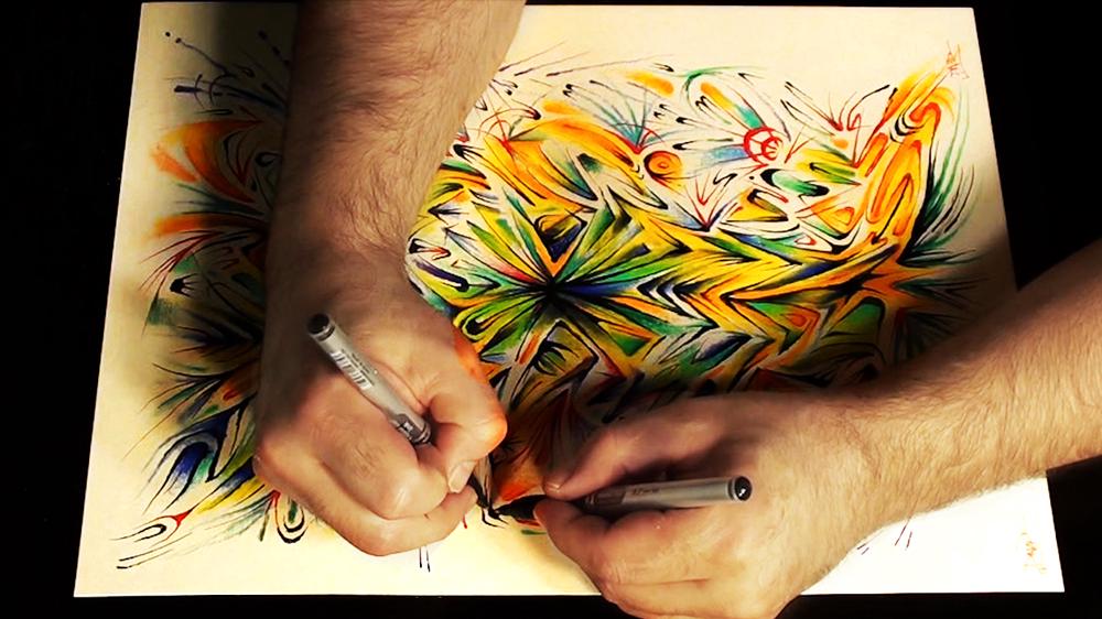 A hand using a fine-tipped pen to create a detailed line drawing of a botanical subject