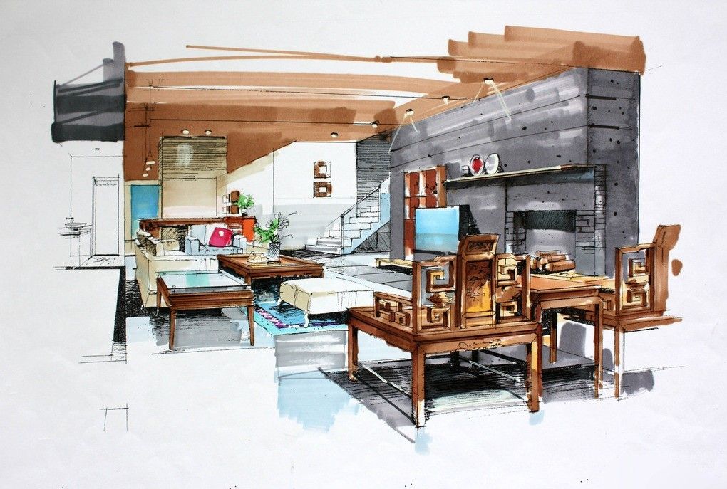 A collage of perspective drawings showcasing one-point, two-point, and three-point perspective techniques. The drawings include cityscapes, buildings, and interior spaces.