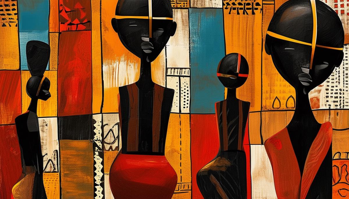 An African modernist painting influenced by Picasso's Cubist techniques and African tribal motifs
