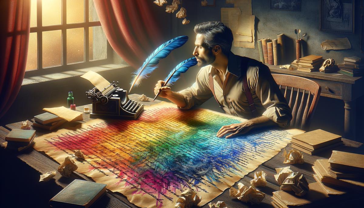 Image of a person revising a poem with multiple colorful elements to show themes and imagery