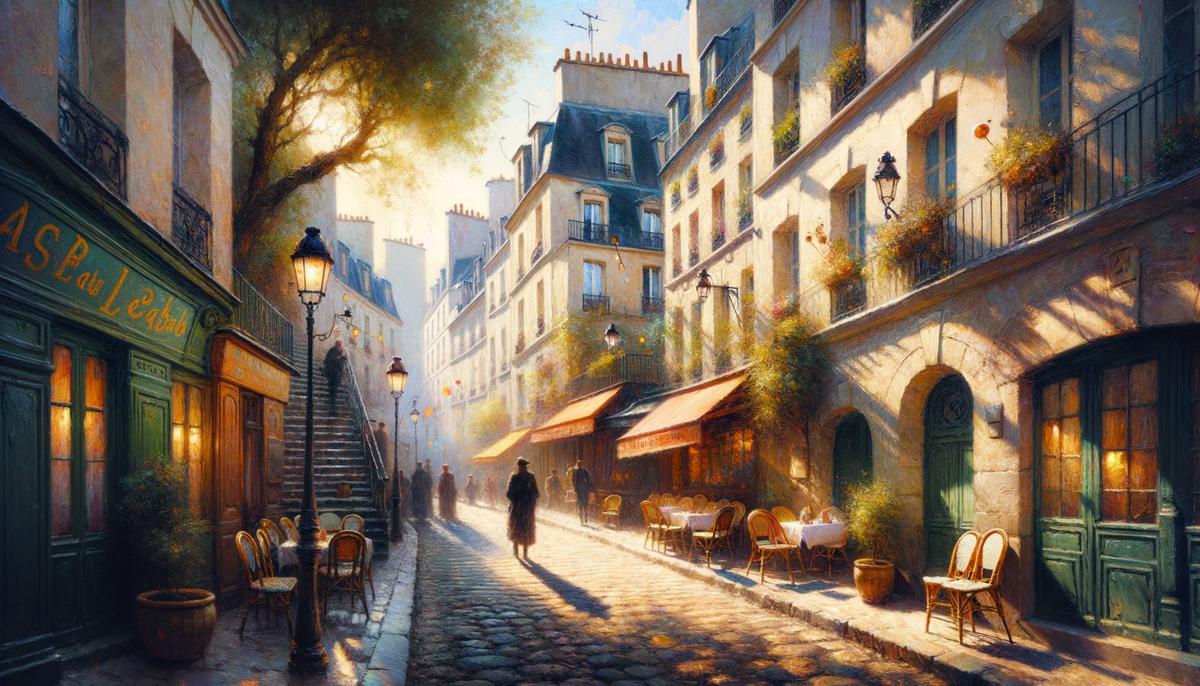 Expressive painting by Mathilde Polidori depicting a charming Parisian street scene with shadowed alleyways and sun-drizzled embankments