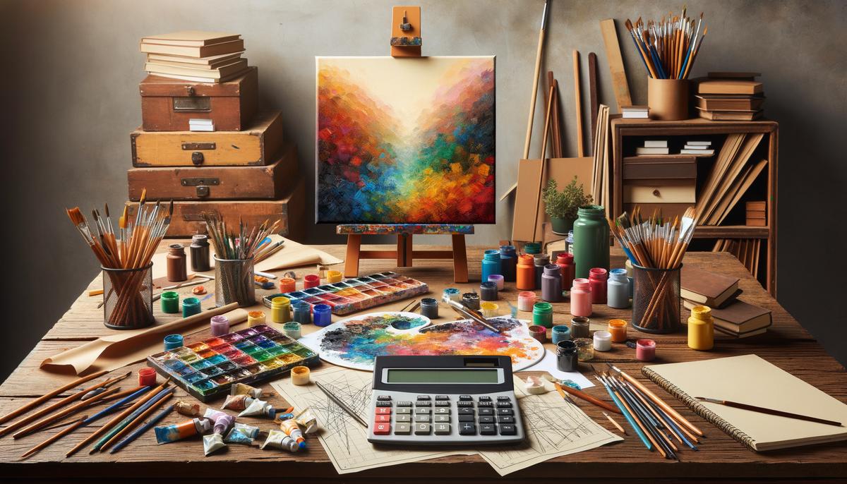 A realistic image of an artist's studio with various art supplies, a canvas in progress, and a calculator on a desk