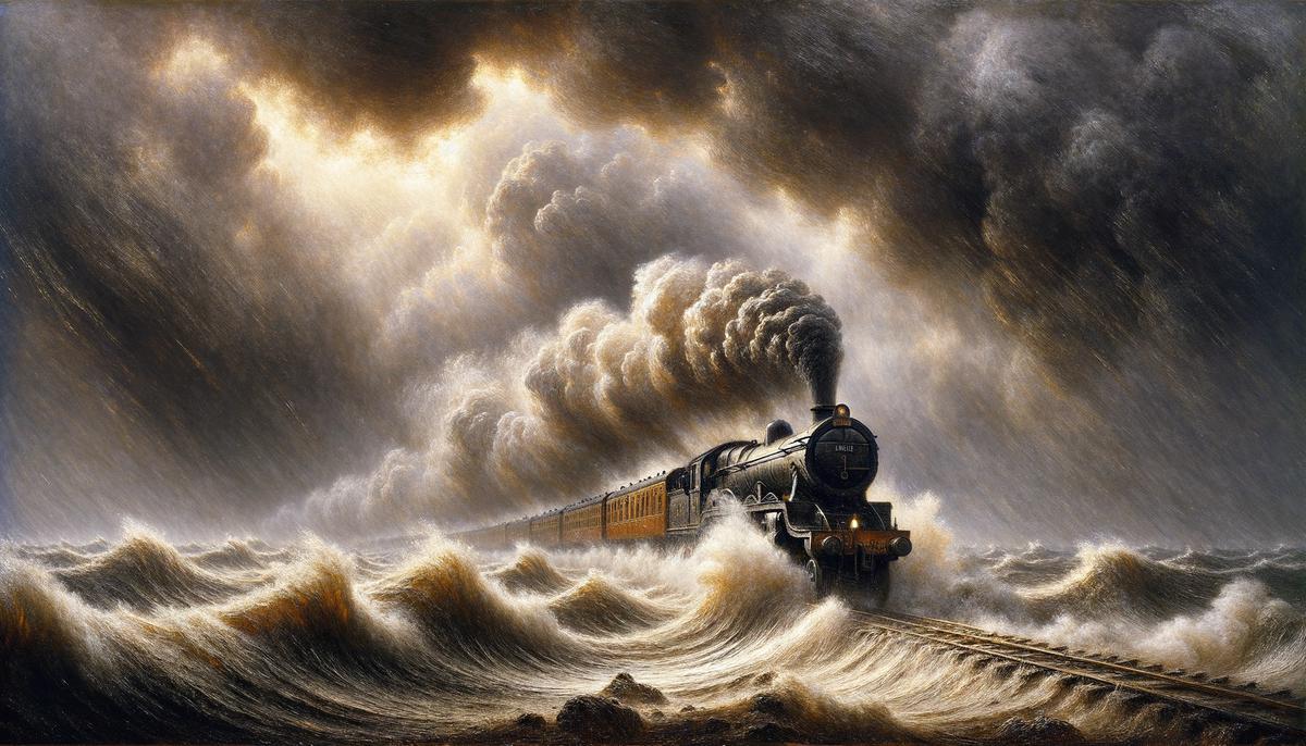 The steam train charging through a stormy landscape in Rain, Steam and Speed painting