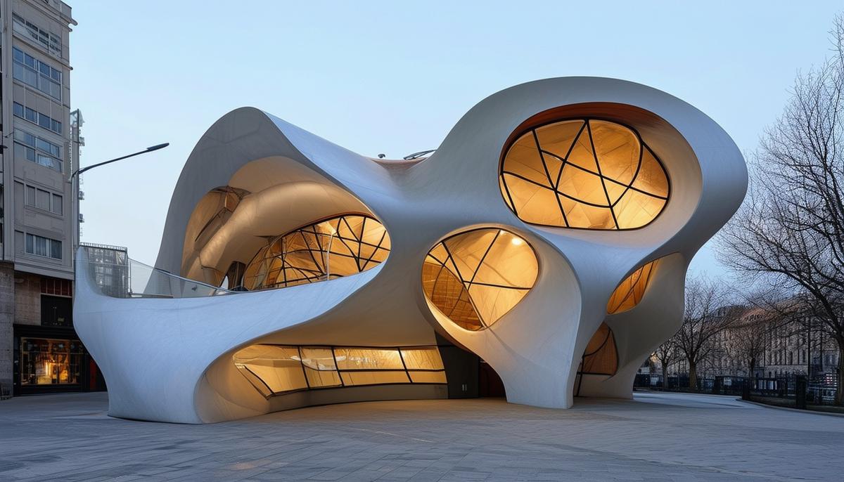 A whimsical and fragmented building with curving forms and intersecting planes