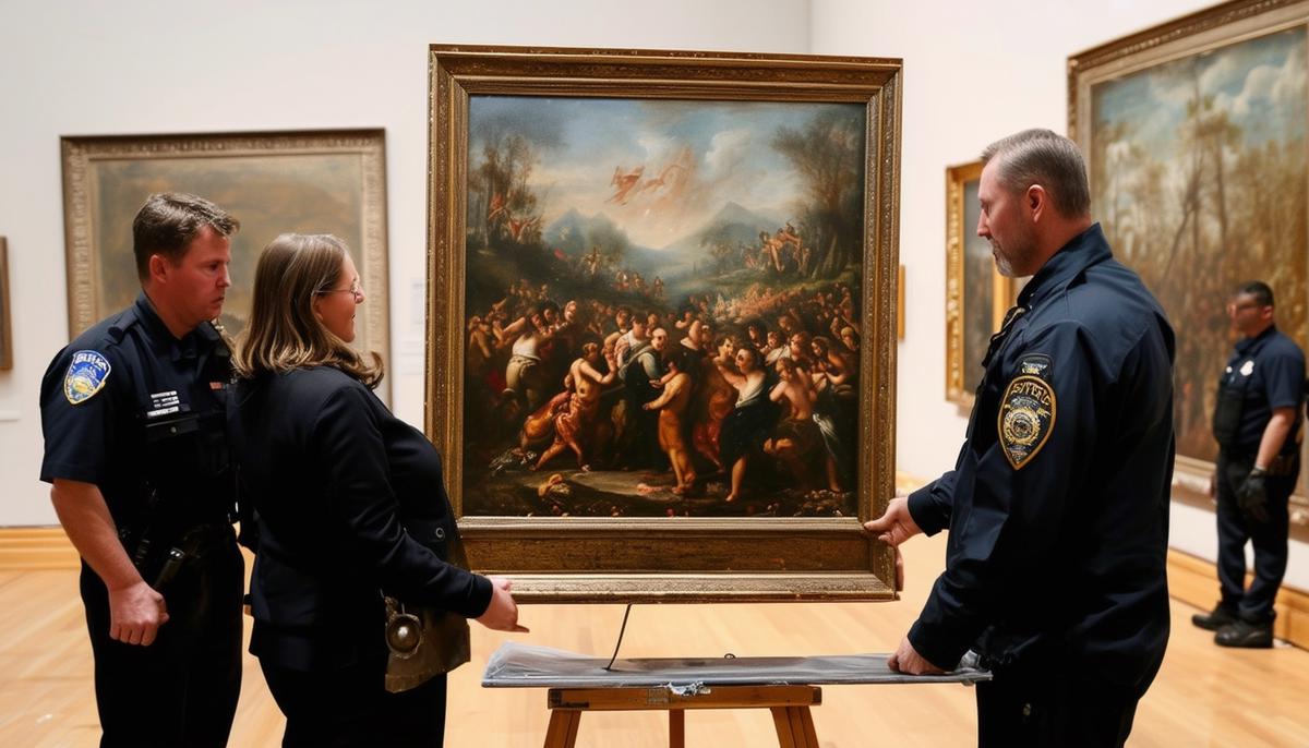 A photograph of a famous painting being returned to a museum after being recovered from an art theft, with museum staff and law enforcement present