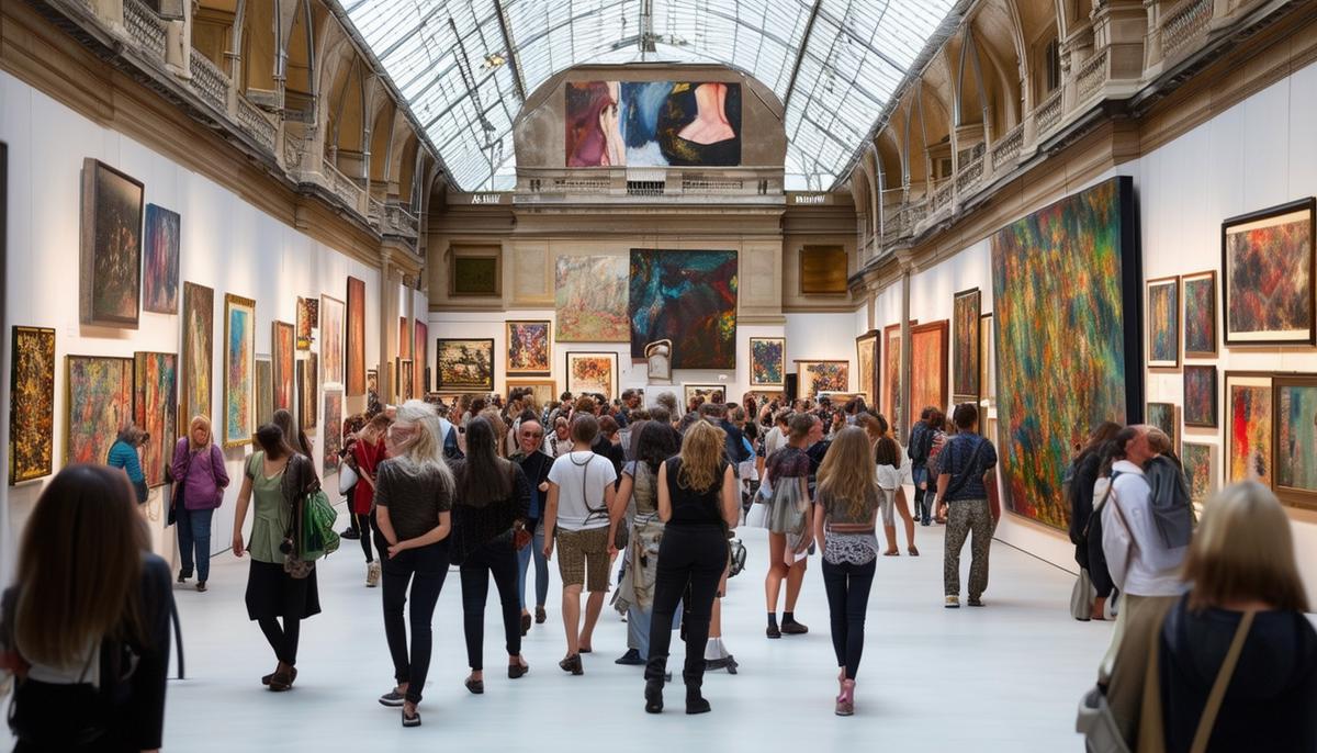 The bustling annual Summer Exhibition at the Royal Academy of Arts, with a diverse array of artworks on display.