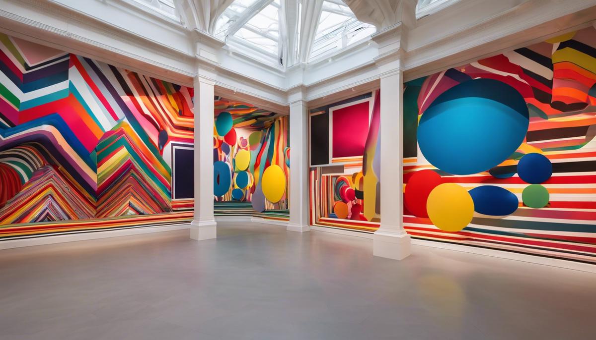 A vibrant art installation with colorful shapes and patterns, representing the energetic atmosphere of the Saatchi Gallery.