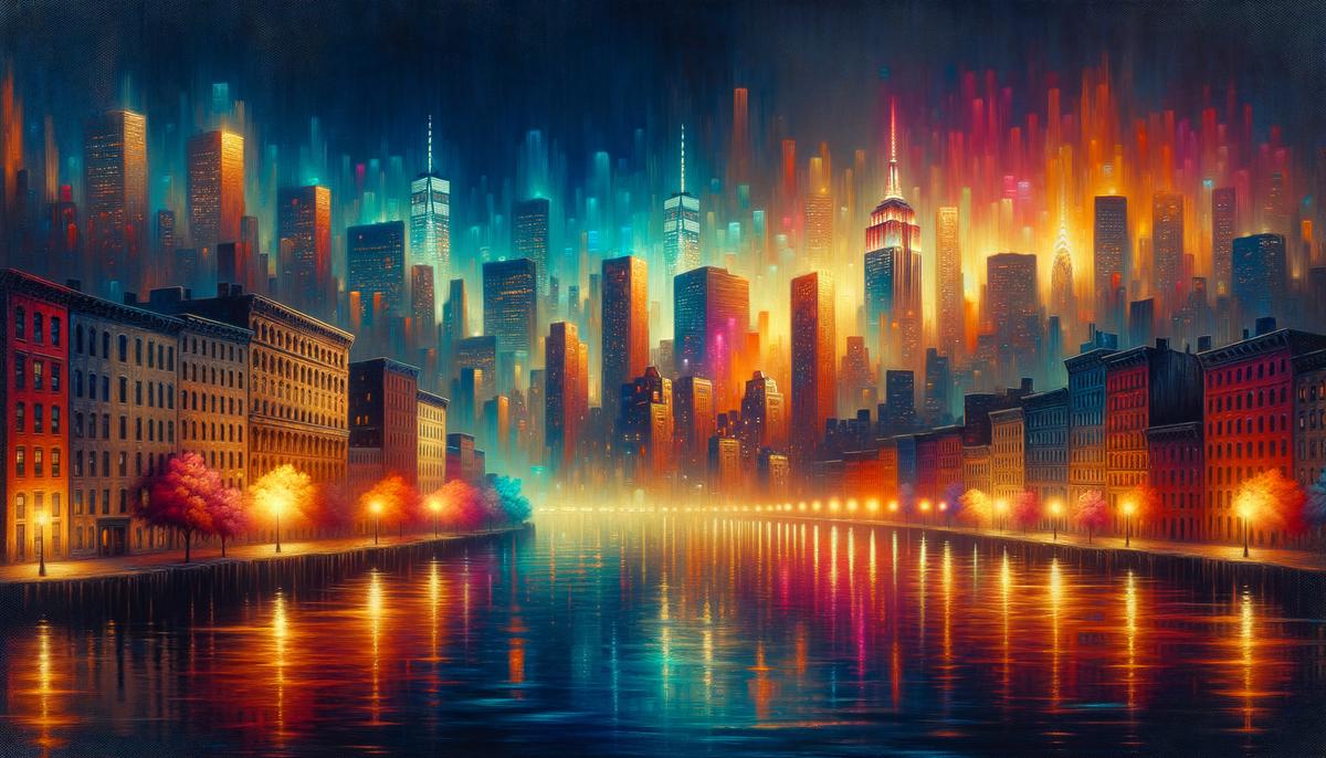 Oil painting of Manhattan skyline with rich colors and neon flares illuminating historical grayness