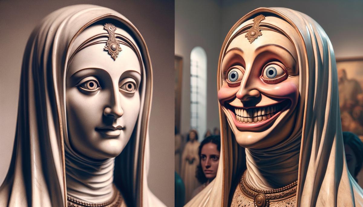 Comparison of the original serene Santa Barbara statue with the distorted, smiling restoration attempt.
