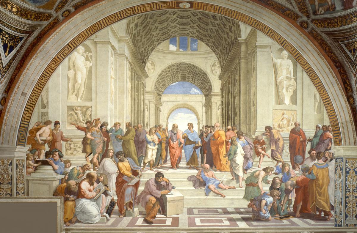 Raphael's The School of Athens, depicting a gathering of great philosophers, mathematicians, and scientists from classical antiquity, with Plato and Aristotle at the center, showcasing Raphael's mastery of perspective, composition, and the embodiment of Renaissance humanist ideals in the monumental fresco.