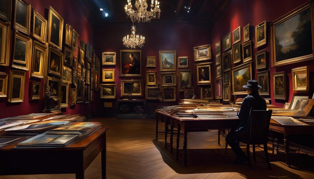 Image depicting a person researching art in a dimly lit room surrounded by paintings