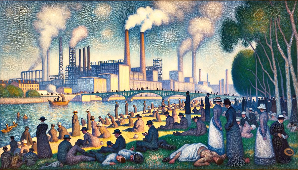 Close-up of Seurat's Bathers at Asnieres highlighting the contrast between the working class bathers in the foreground and the industrial smokestacks in the background