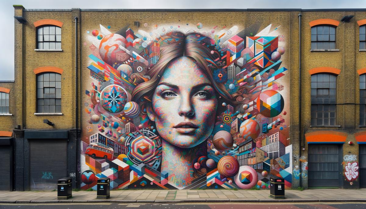 A large mural on a brick wall in Shoreditch, London featuring a portrait of a woman with colourful geometric shapes surrounding her